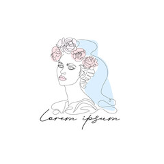 Continuous line, Line Art  Logo of Woman With Flowers in Hair and veil in Minimalist Style. Name Company Branding, suitable for a fashion wedding industry