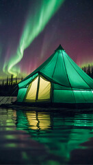 A glowing tent by a calm tranquil lake with the beautiful northern lights dancing in the sky