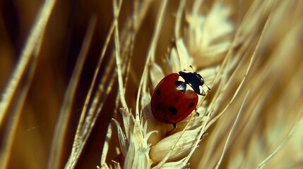   A ladybug perched atop a wheat stalk amidst a corn cob