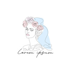 Continuous line, Line Art  Logo of Woman With Flowers in Hair and veil in Minimalist Style. Name Company Branding, suitable for a fashion wedding industry