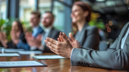 Professionals in a modern office setting enthusiastically applauding during a successful business meeting. Generative Ai