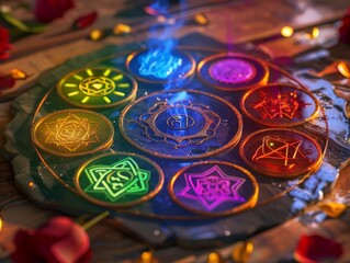 Fototapeta premium Mystical glowing symbols on stone altar.