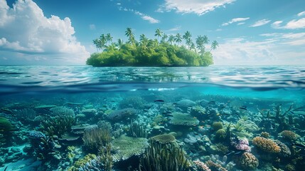 Lush Tropical Coral Reef Atoll Teeming with Diverse Aquatic Life in Pristine Ocean Landscape