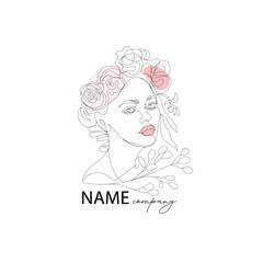 Art & IllustratioArtistic Line Art , Logo ,Line Drawing Elegant Line Art Drawing of a Woman With Floral Headpiece and Pink Accents. Linear stylized image of a beauty salon, health industry, makeup arn