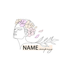 Elegant Line Art, Logo continuous line drawing ,Line Drawing Of Woman With Floral Headpiece and Falling Petals for beauty salon, health industry, makeup artist.