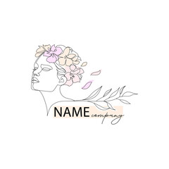 Elegant Line Art, Logo continuous line drawing ,Line Drawing Of Woman With Floral Headpiece and Falling Petals for beauty salon, health industry, makeup artist.