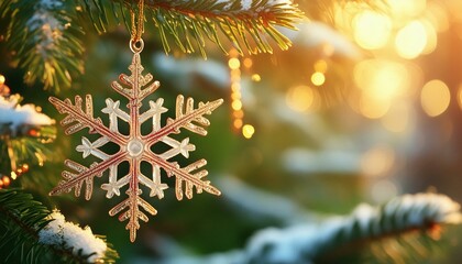 A detailed shot of a sparkling snowflake ornament hanging on a Christmas tree