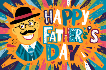 Happy Father's Day typography design with dad wearing a hat, mustache, and sunglasses, pastel color, cartoon, vintage style.