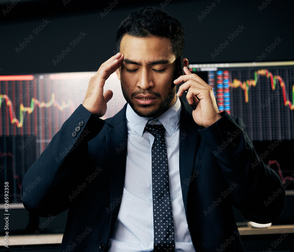 Poster stock market crash, phone call and business man stressed with headache for falling graph and economy