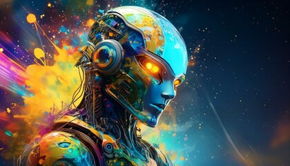  Artistic bot with a paint-splattered exterior, and a creative expression.