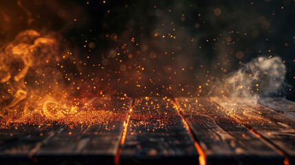 Flames burning at the edge of a wooden table, surrounded by fire particles, sparks, and smoke, with a dark background, providing a dramatic backdrop for products.