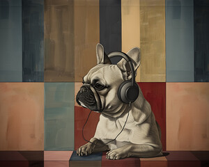 
Nice brown French Bulldog dog sitting listening to music with headphones. Retro portrait style.
