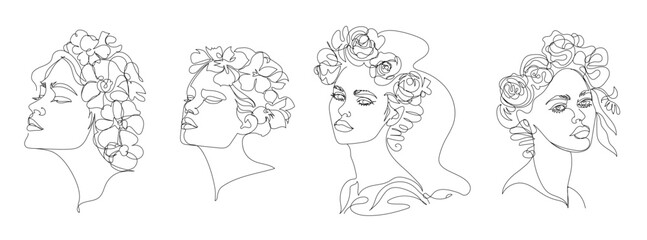 Line Art continuous line drawing Four Women fase With Floral Crowns in Minimalist Line Art on White Backgroun, elements for logos in the beauty industry,beauty salon, health industry, makeup artist.