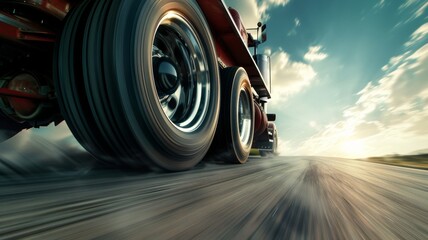 wide angle photo of tire of high horsepower vehicle speeding down road.