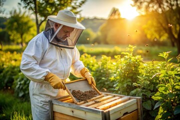 Beekeeper observing hive in field of yellow flowers under blue sky