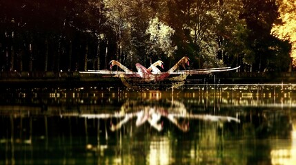   A flock of flamingos gracefully glides atop a tranquil lake beside a verdant woodland teeming with towering trees