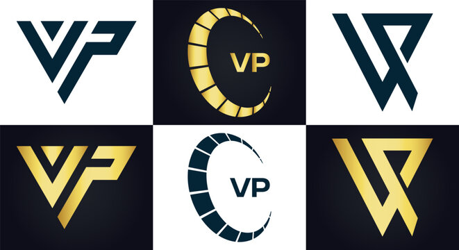 VP logo. V P design. White VP letter. VP, V P letter logo design. V P letter logo design in FIVE, FOUR, THREE, style. letter logo set in one artboard. V P letter logo vector design.