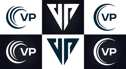 VP logo. V P design. White VP letter. VP, V P letter logo design. V P letter logo design in FIVE, FOUR, THREE, style. letter logo set in one artboard. V P letter logo vector design.