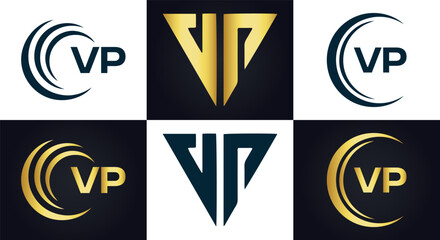 VP logo. V P design. White VP letter. VP, V P letter logo design. V P letter logo design in FIVE, FOUR, THREE, style. letter logo set in one artboard. V P letter logo vector design.