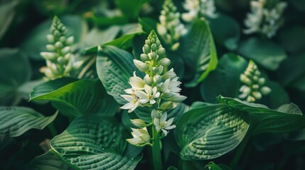 Hosta Flowers in Full Bloom Surrounded by Verdant Foliage