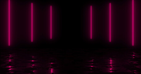 Simple in-and-out neon glowing line. Techno night club sparky spectrum same color generated sunbeam bg with reflection. Stripes moving energy burst cyber trendy marketing music video asset.