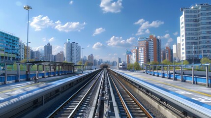Fototapeta premium Korean City Subway with Urban Background, Blue Sky, and Outdoor Setting, Featuring Tracks Running and Subway in Motion, Ideal for Urban Transportation and Cityscape Illustrations.