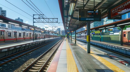 Korean City Subway with Urban Background, Blue Sky, and Outdoor Setting, Featuring Tracks Running and Subway in Motion, Ideal for Urban Transportation and Cityscape Illustrations.