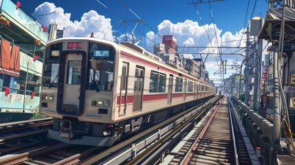 Obraz premium Japanese City Subway with Urban Background, Blue Sky, and Outdoor Setting, Featuring Tracks Running and Subway in Motion, Ideal for Urban Transportation and Cityscape Illustrations.