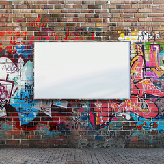 Blank large poster mockup on a brick wall in a trendy urban neighborhood, vibrant graffiti art...