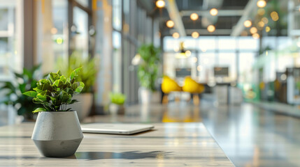 Modern office interior in a blurred background, showcasing clean lines and open spaces, perfect for a professional and efficient workspace.