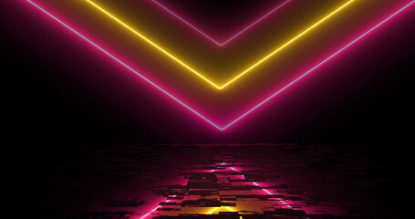 Neon arrows moving downwards illuminated neon light glowy background. Physics symmetry engineering technology cyber stage forward moving navigation arrows with its reflection. Matrix laser 3d.