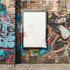 Blank large poster mockup on a brick wall in a trendy urban neighborhood, vibrant graffiti art nearby, high-detail, eye-catching location for creative ads.3D vector illustrations