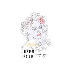 Artistic continuous line, Line Art , Logo ,Line Drawing of a Woman With Floral Headpiece in Minimalist Style.Linear stylized image. Logo of a beauty salon, wedding industry, makeup artist.