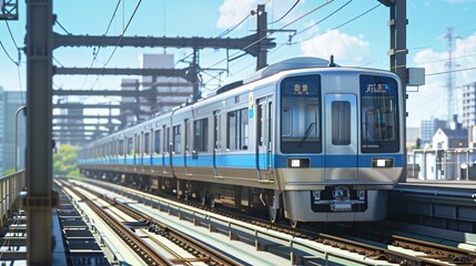 Fototapeta premium Japanese City Subway with Urban Background, Blue Sky, and Outdoor Setting, Featuring Tracks Running and Subway in Motion, Ideal for Urban Transportation and Cityscape Illustrations.
