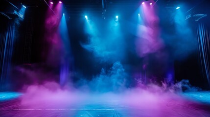 High contrast blue and purple lighting smoke fills the empty stage