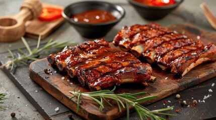 Grilled pork ribs with smoky flavors accompanied by BBQ sauce and fragrant rosemary