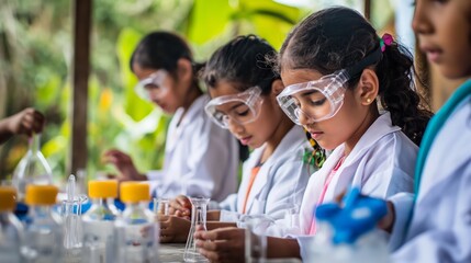 A group of young girls wearing lab coats