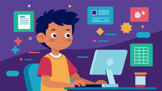 A young boy intently focused on a coding challenge proudly showing off his finished computer program to the fair attendees.. Vector illustration