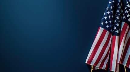 A American flags with vibrant colors, set against a deep navy blue background, empty space for Flag Day event details or patriotic slogans