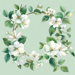 Fototapeta premium A white flower wreath with green leaves surrounding it