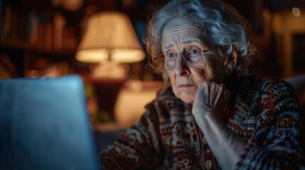 An elderly woman wearing glasses looks at her laptop screen in a dimly lit room, appearing focused and thoughtful.