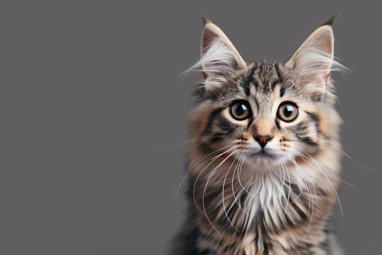 Cute portrait smile cat that looking at camera isolated on grey background, lovely cat, pet concept