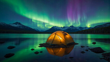 A glowing tent by a calm tranquil lake with the beautiful northern lights dancing in the sky