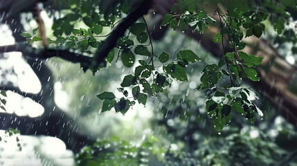  A close-up of a tree branch with raindrops falling and a lush, green tree in the background