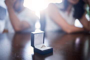 Rejection, engagement and ring box of couple after no, argument and disagreement in home. House,...