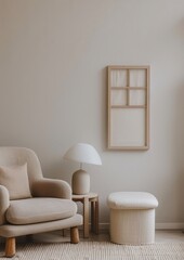 Photos of Wabisabi style interior design details, warm and pastel tones with large wooden furniture. On the pale beige walls hung a modern niche made of white marble and above it an old dark wooden ta