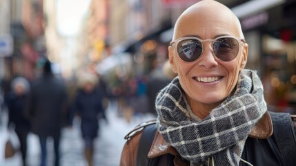 Obraz premium Bald woman urban portrait. Concept of successful cancer cure