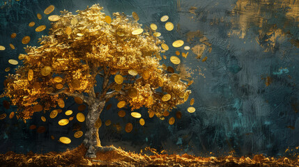 A digital painting depicting a golden tree with shimmering coins as leaves against a rustic background, symbolizing prosperity and wealth.