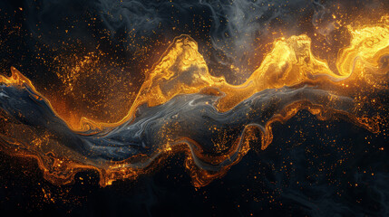 Abstract fiery wave pattern on dark background, featuring vibrant orange and yellow swirls in a dynamic, fluid motion, perfect for artistic use.