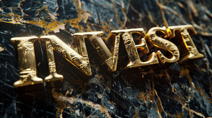 Close-up of golden "INVEST" text on a luxurious marble background, symbolizing wealth, finance, and investment opportunities.